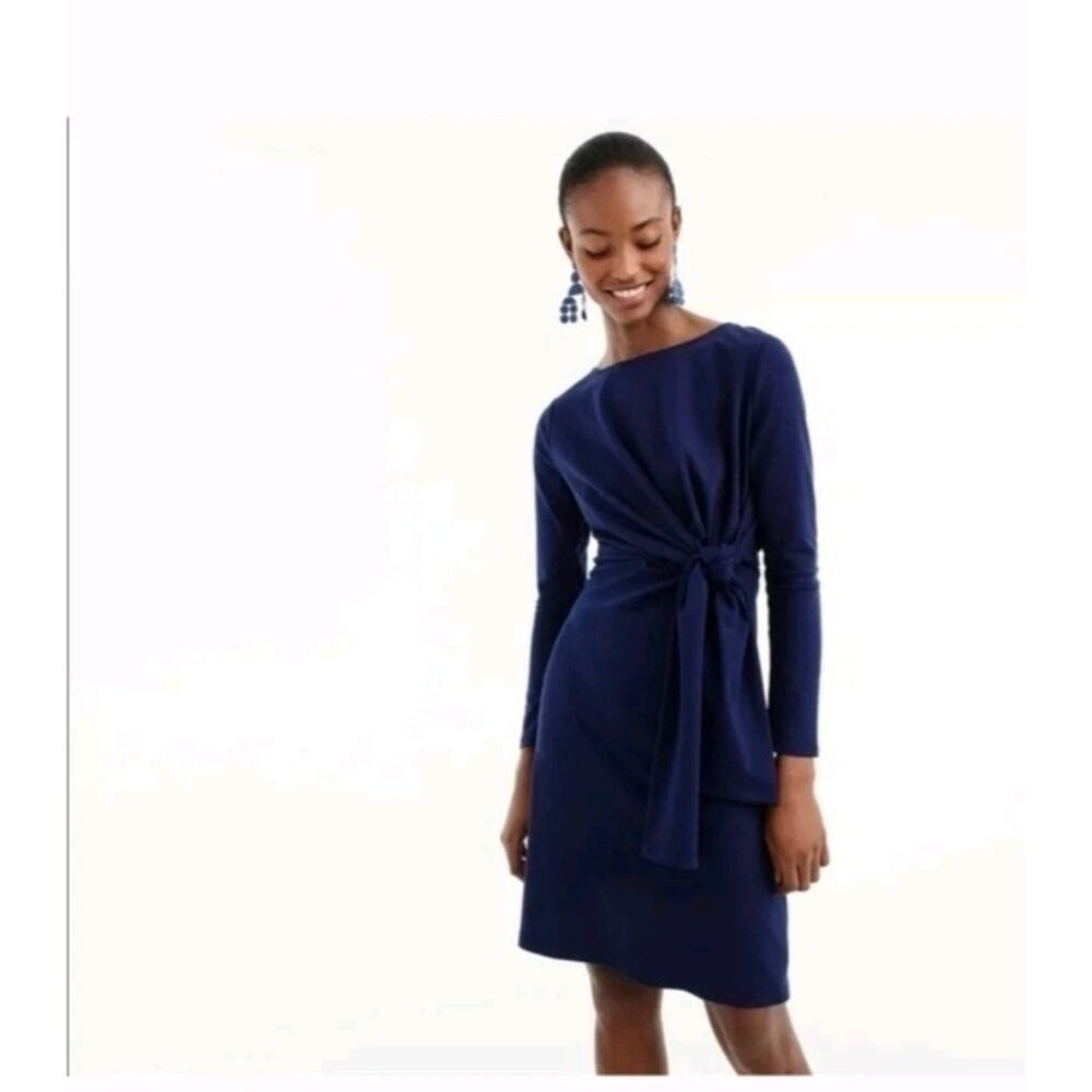 J. Crew Drapey Tie-Waist Dress Ink Blue Stretch Jersey Sheath Medium